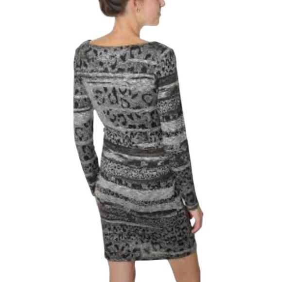 Desigual Gray Graphic Animal Pattern Ruched Side LS Short Sweater Dress Size M - Picture 2 of 14